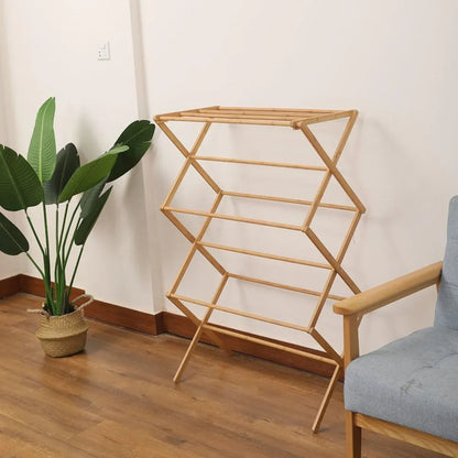 Bamboo Clothes Drying Rack Folding Floor Stand Indoor Vertical Laundry Hanger