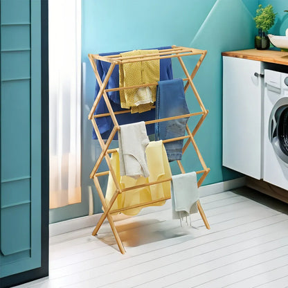 Bamboo Clothes Drying Rack Folding Floor Stand Indoor Vertical Laundry Hanger