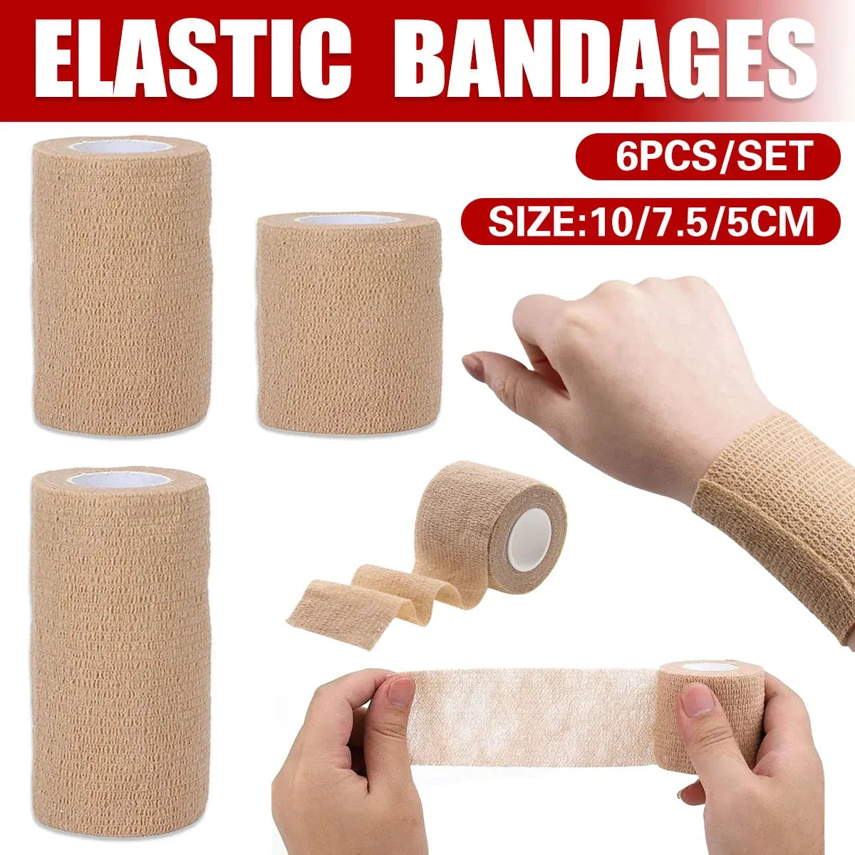 6PCS Self Adhesive Elastic Wrap Non Woven Cohesive Tape for Sports and Daily Use - 7.5cm