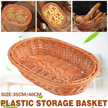 Imitation Rattan Plastic Basket Bread Fruit Vegetable Snack Storage Display Bin - 35cm