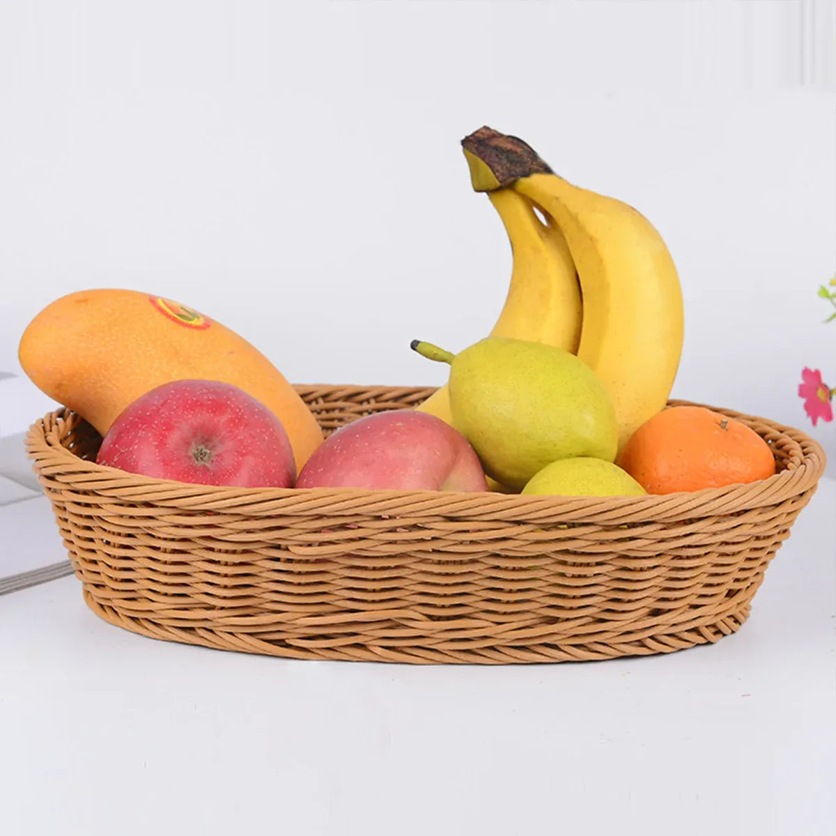 Imitation Rattan Plastic Basket Bread Fruit Vegetable Snack Storage Display Bin - 35cm