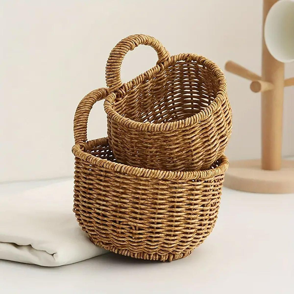 Imitation Rattan Woven Storage Basket Shelf Organizer Wash Rack for Home Decor - Large