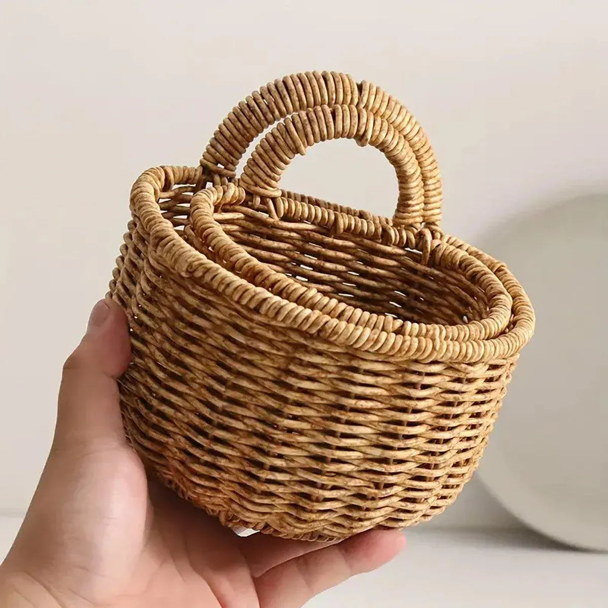 Imitation Rattan Woven Storage Basket Shelf Organizer Wash Rack for Home Decor - Large