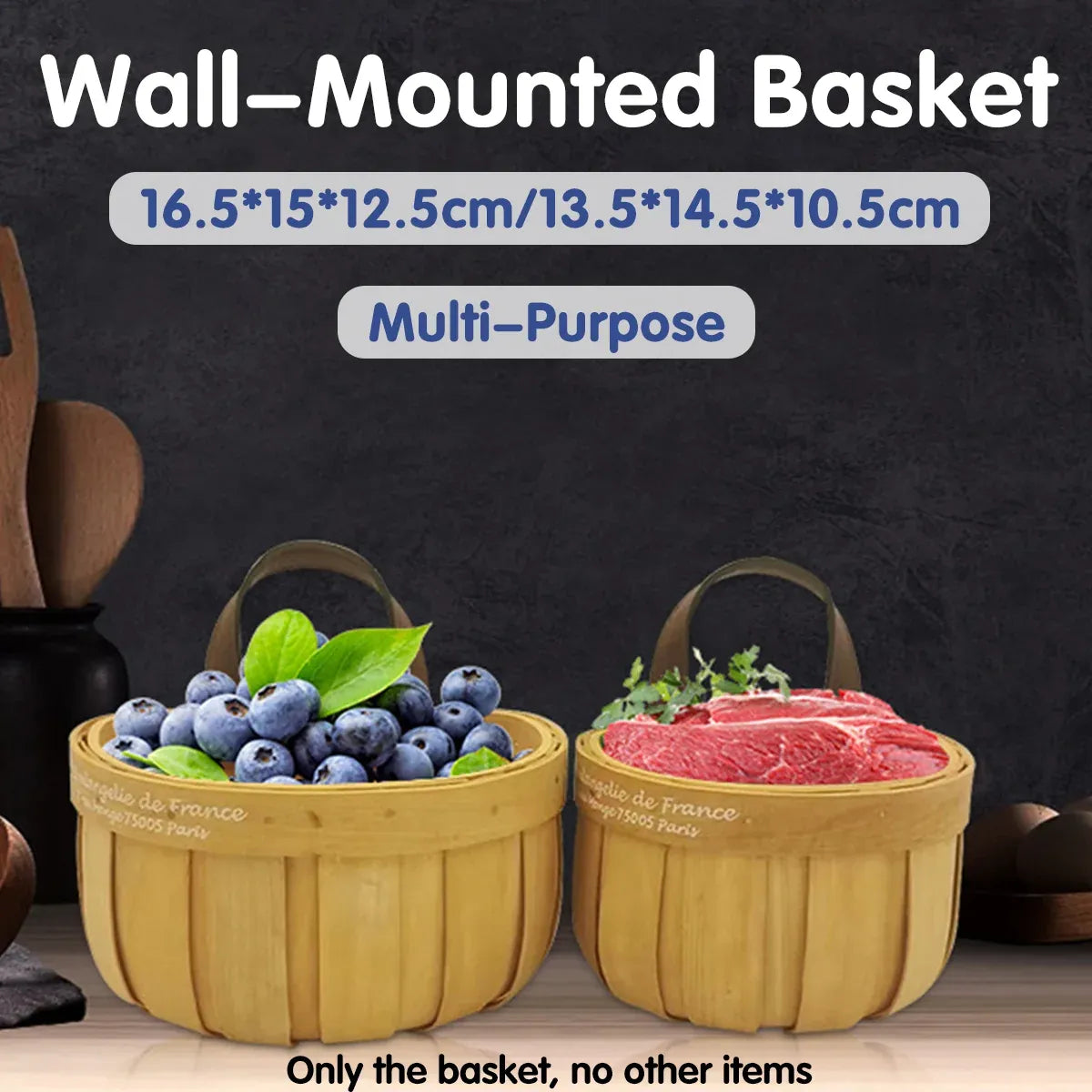 Wall Mounted Rattan Style Woven Basket Kitchen Home Storage Organizer - 13.5x10.5x14.5cm