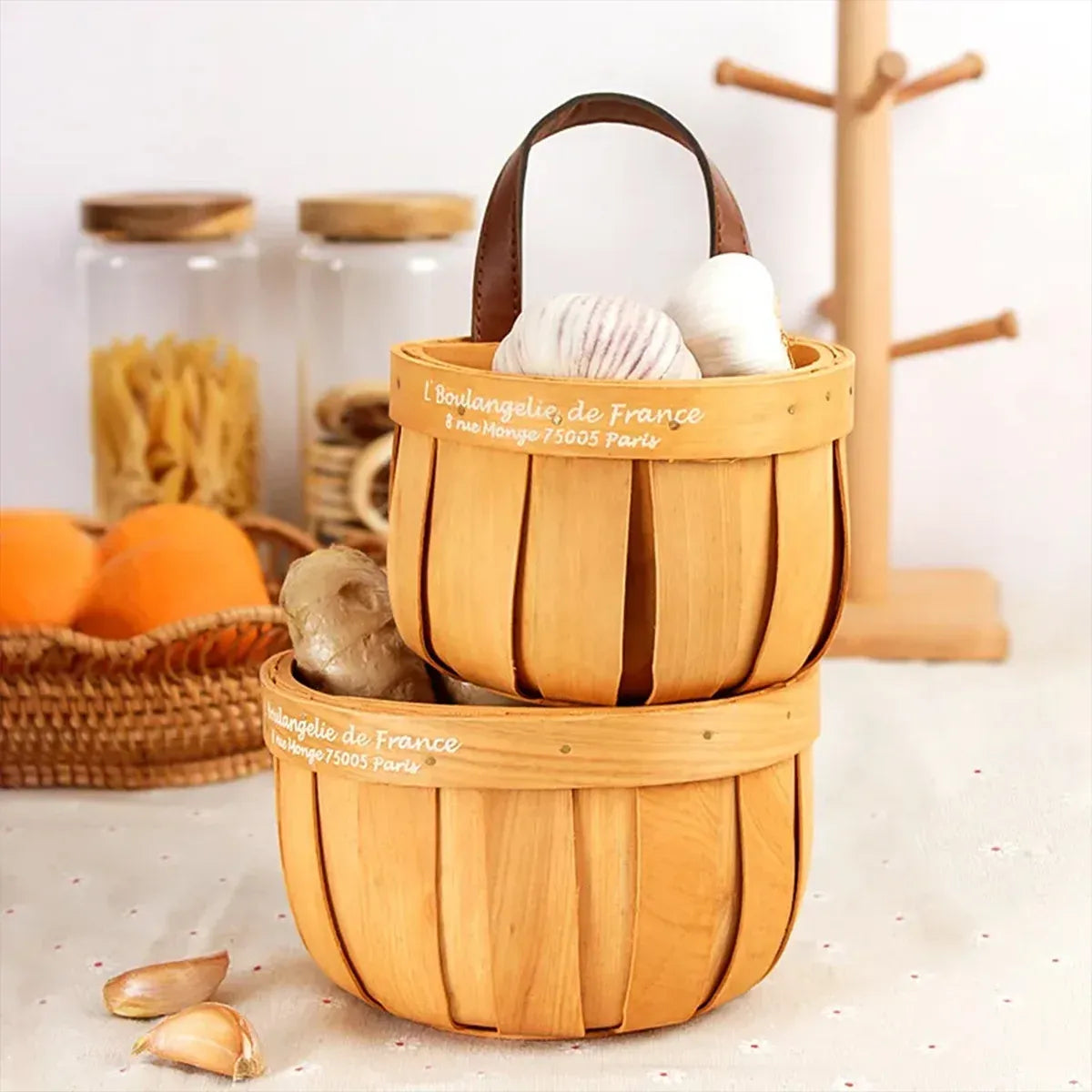 Wall Mounted Rattan Style Woven Basket Kitchen Home Storage Organizer - 13.5x10.5x14.5cm