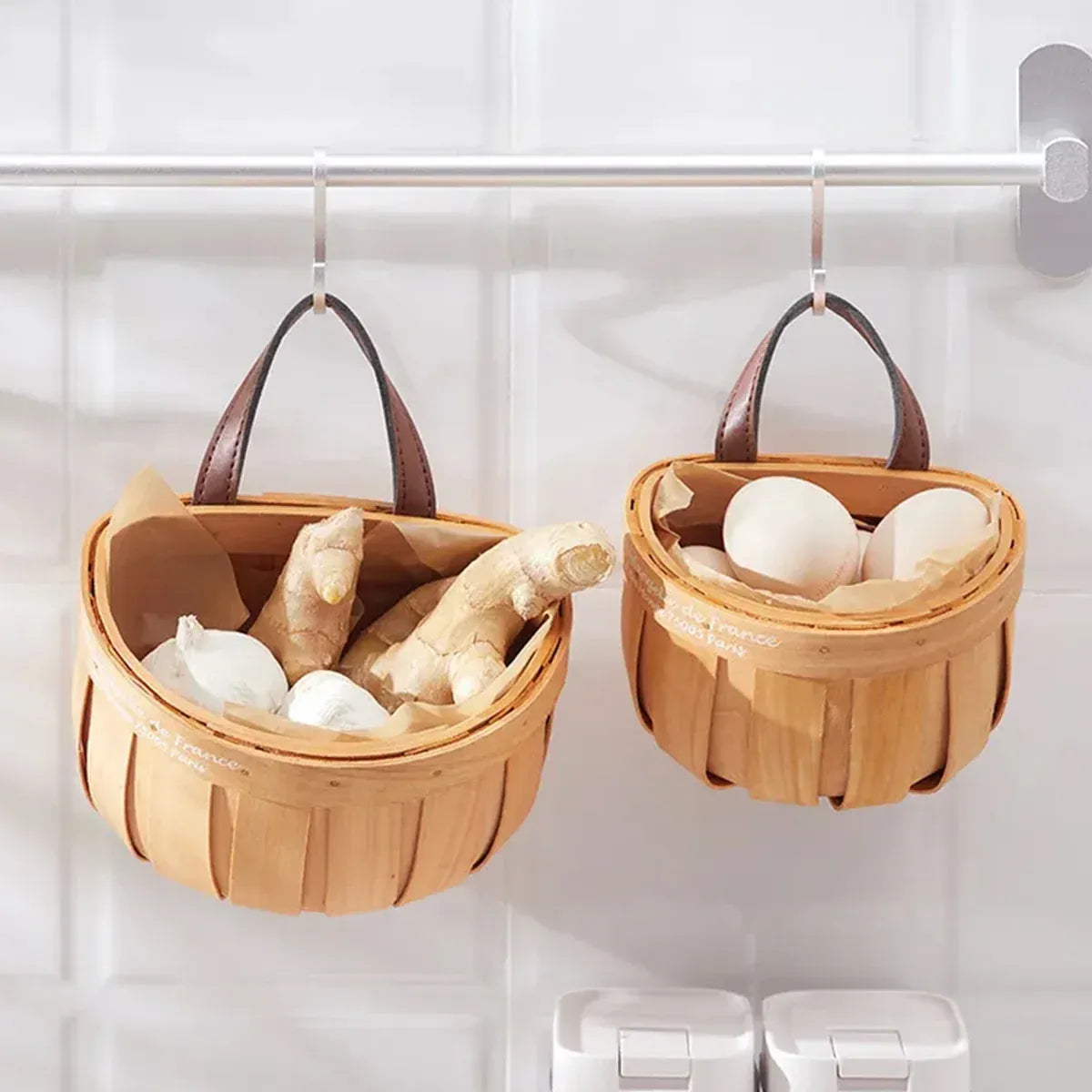 Wall Mounted Rattan Style Woven Basket Kitchen Home Storage Organizer - 13.5x10.5x14.5cm