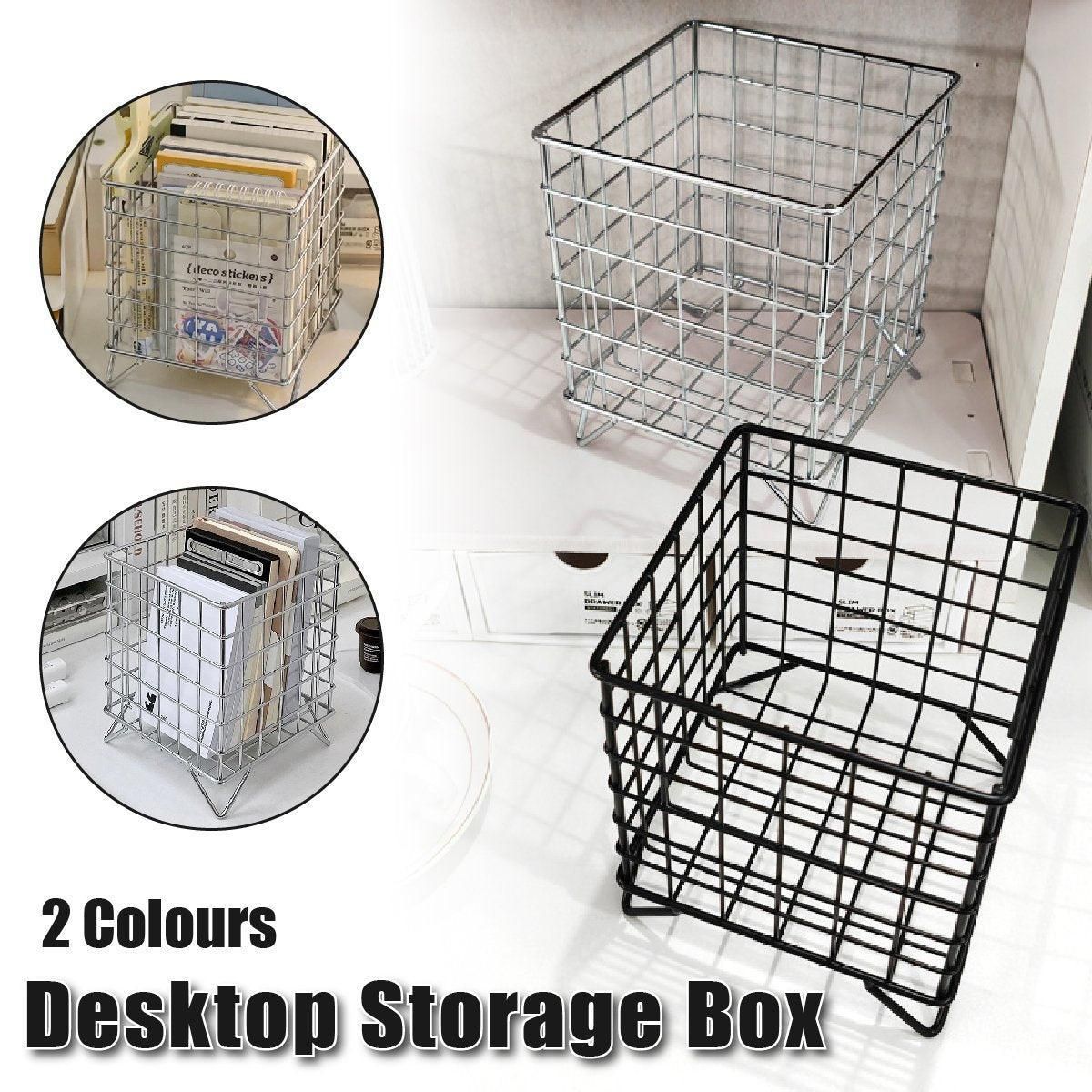 Large Wrought Iron Storage Basket Desktop Organizer Box for Dormitory Cosmetics - Silver