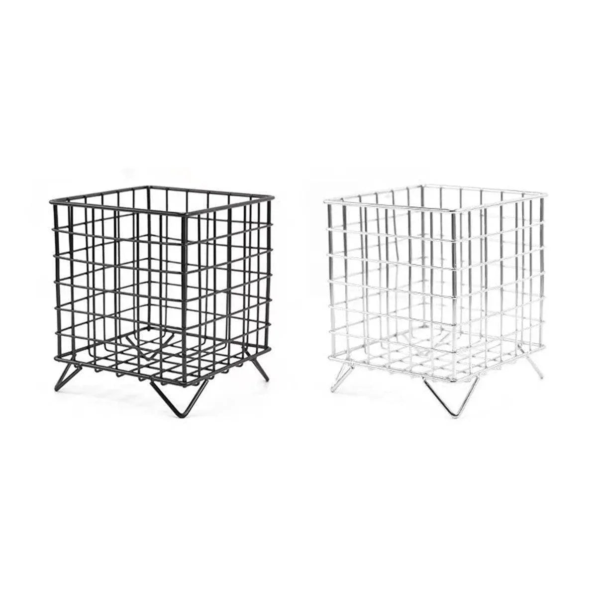 Large Wrought Iron Storage Basket Desktop Organizer Box for Dormitory Cosmetics - Silver