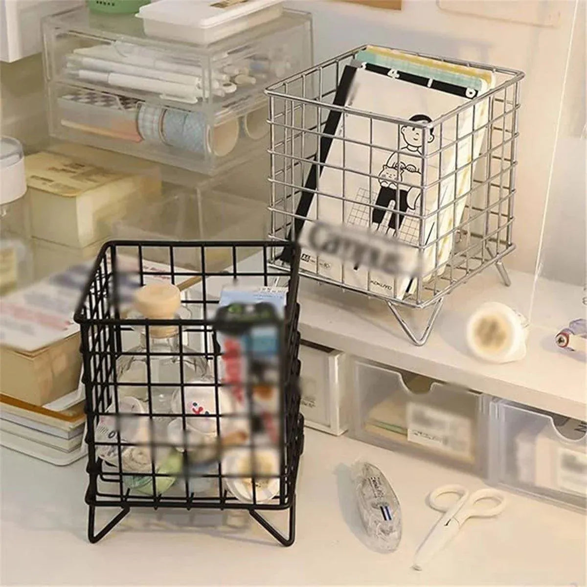 Large Wrought Iron Storage Basket Desktop Organizer Box for Dormitory Cosmetics - Silver