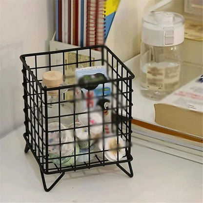 Large Wrought Iron Storage Basket Desktop Organizer Box for Dormitory Cosmetics - Silver