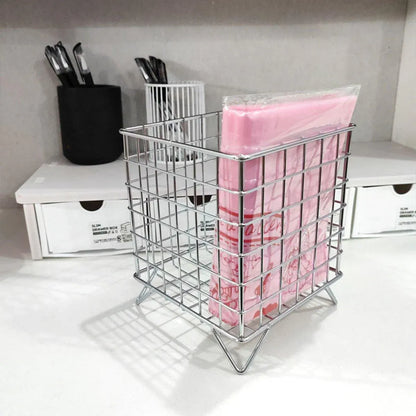 Large Wrought Iron Storage Basket Desktop Organizer Box for Dormitory Cosmetics - Silver