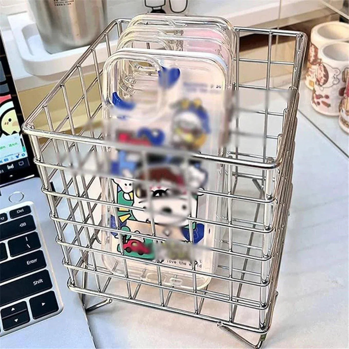 Large Wrought Iron Storage Basket Desktop Organizer Box for Dormitory Cosmetics - Silver