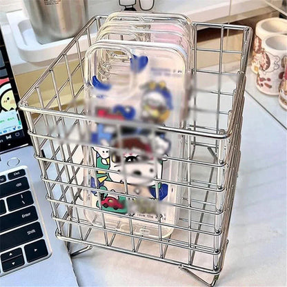Large Wrought Iron Storage Basket Desktop Organizer Box for Dormitory Cosmetics - Silver