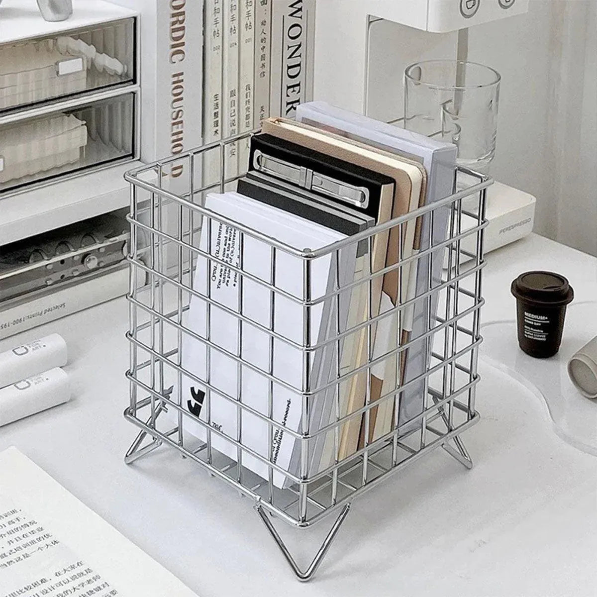 Large Wrought Iron Storage Basket Desktop Organizer Box for Dormitory Cosmetics - Silver