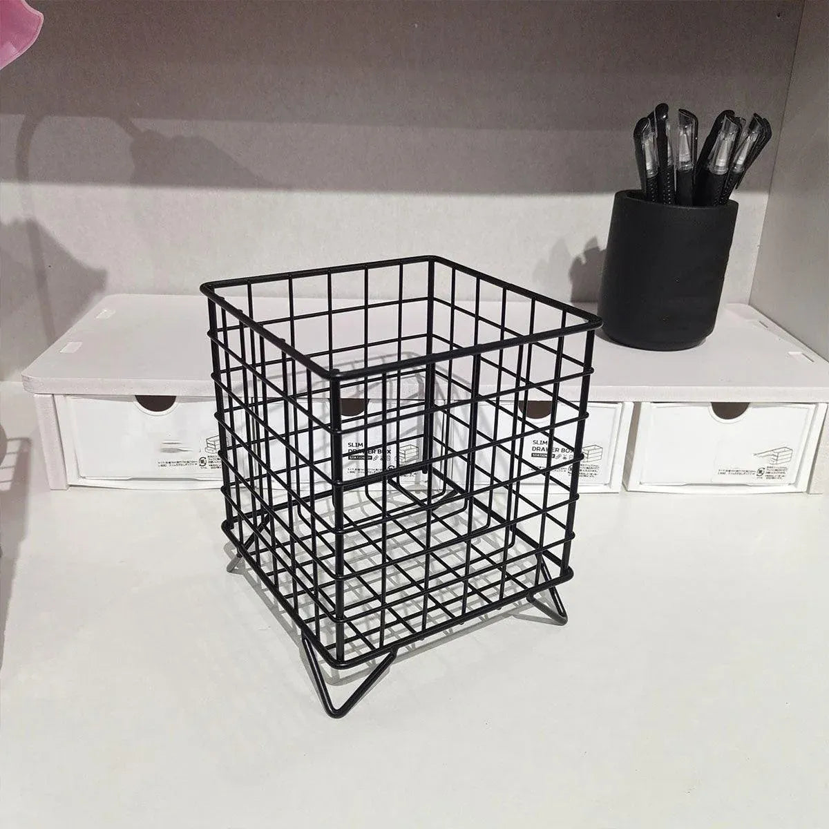 Large Wrought Iron Storage Basket Desktop Organizer Box for Dormitory Cosmetics - Silver