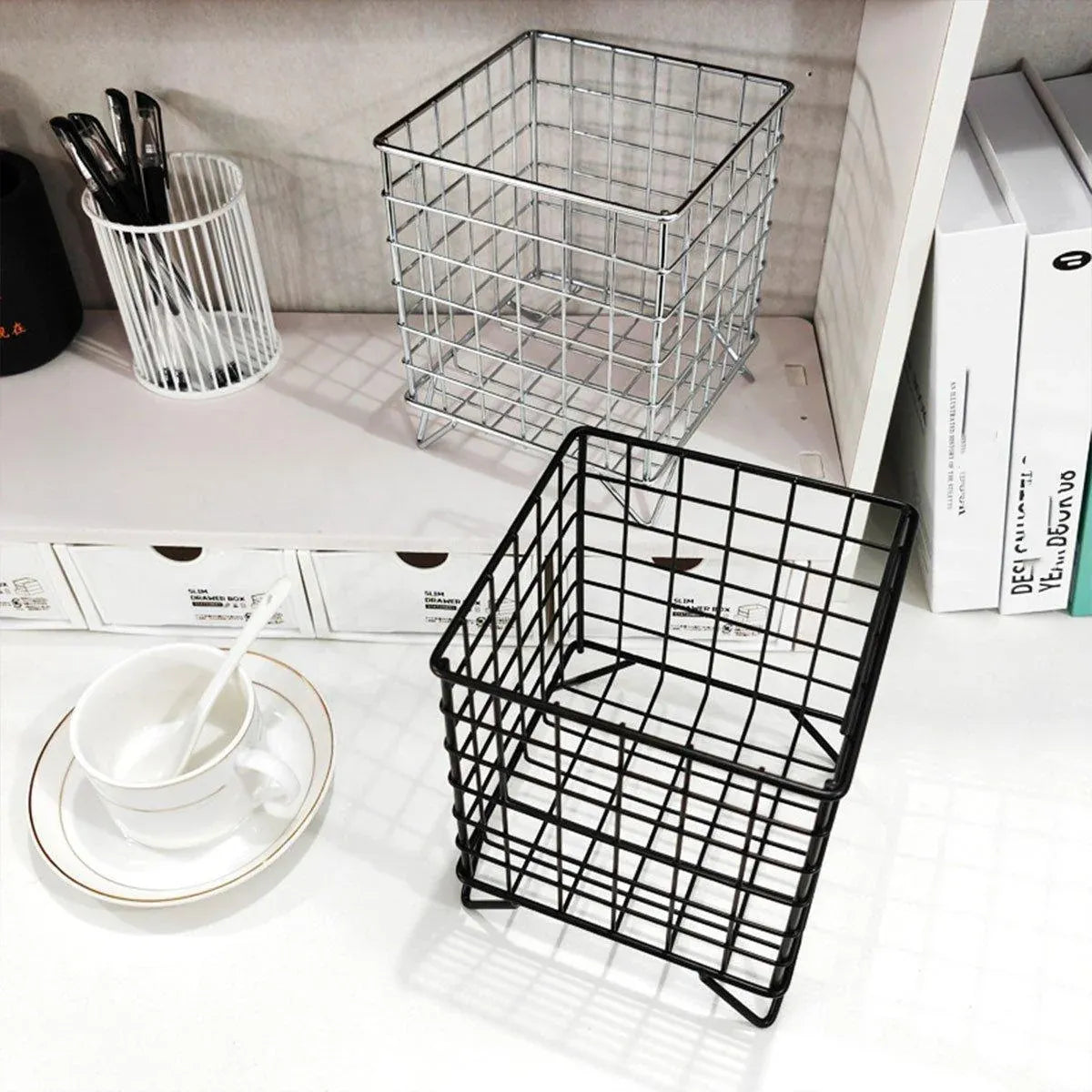 Large Wrought Iron Storage Basket Desktop Organizer Box for Dormitory Cosmetics - Silver