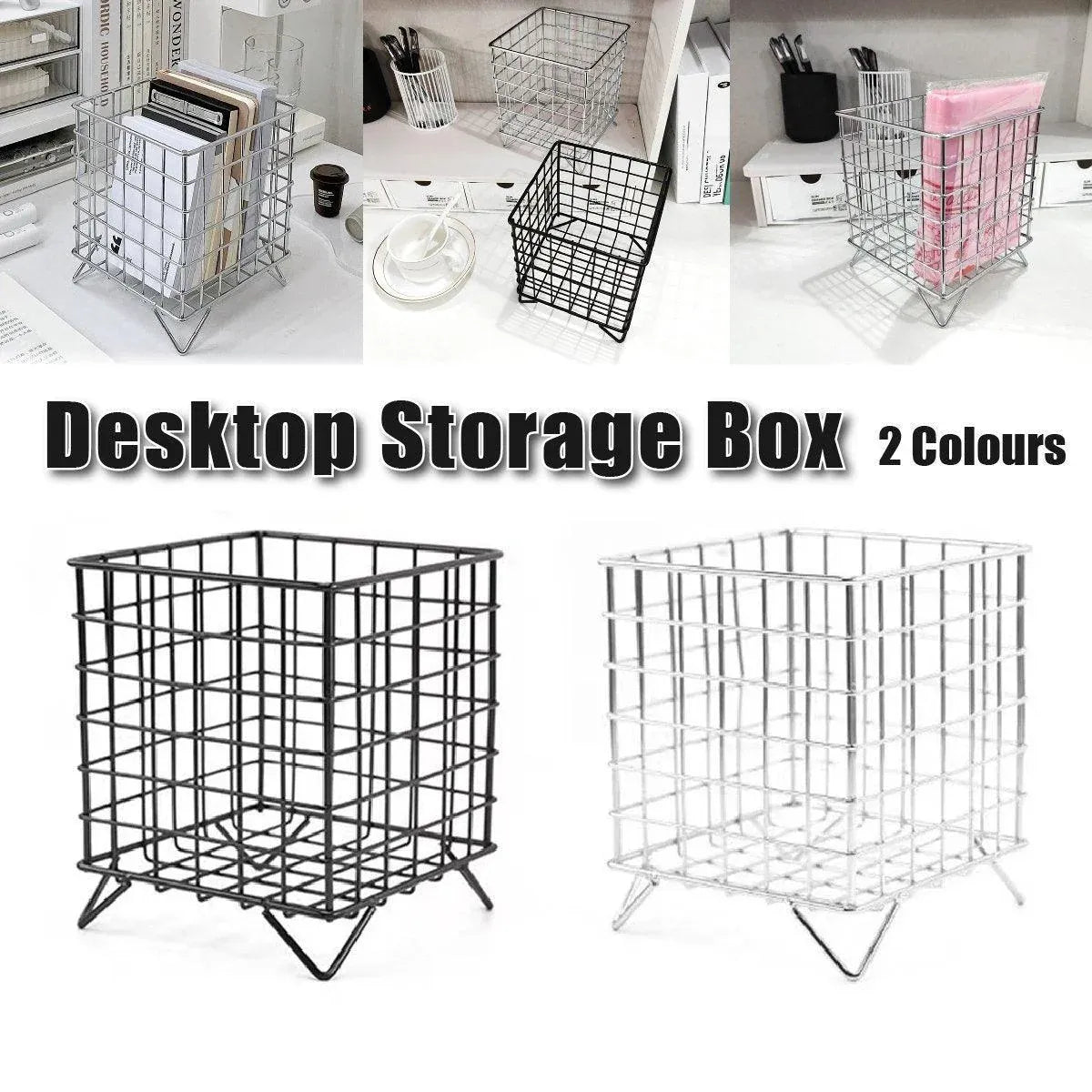 Large Wrought Iron Storage Basket Desktop Organizer Box for Dormitory Cosmetics - Silver