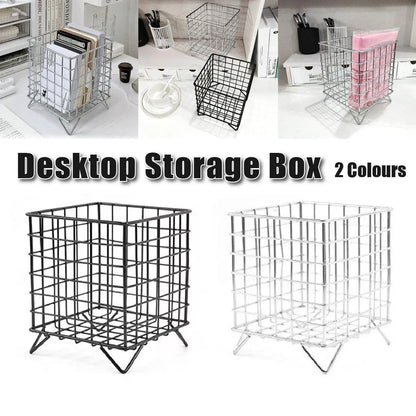 Large Wrought Iron Storage Basket Desktop Organizer Box for Dormitory Cosmetics - Silver