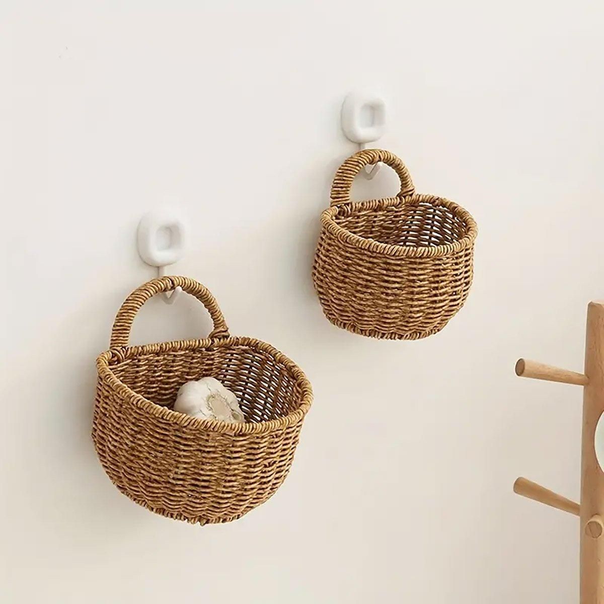Imitation Rattan Woven Storage Basket Shelf Organizer Wash Rack for Home Decor - Small