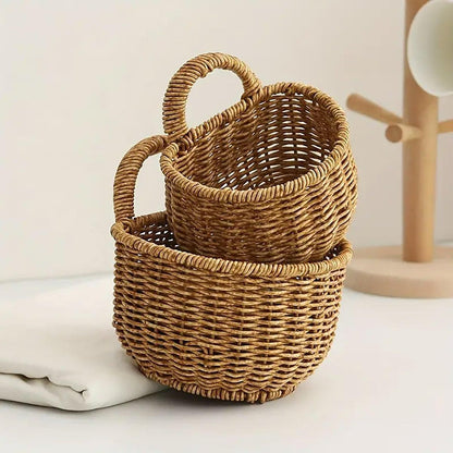 Imitation Rattan Woven Storage Basket Shelf Organizer Wash Rack for Home Decor - Small