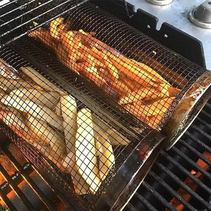 2pcs BBQ Basket Round Grill Cage Portable Rotating Net for Outdoor Cooking - Large