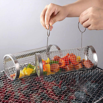 2pcs BBQ Basket Round Grill Cage Portable Rotating Net for Outdoor Cooking - Large