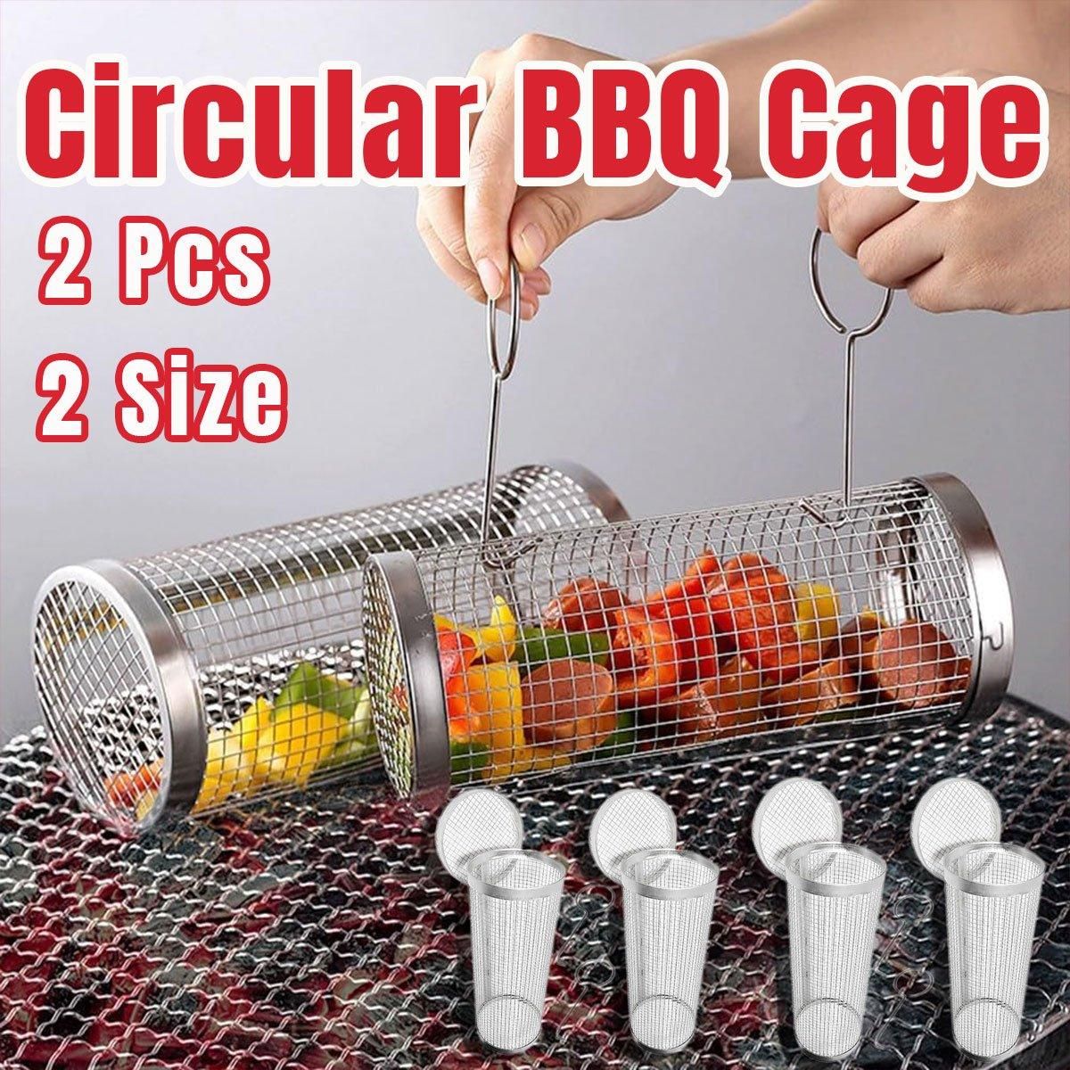 2pcs BBQ Basket Round Grill Cage Portable Rotating Net for Outdoor Cooking - Small