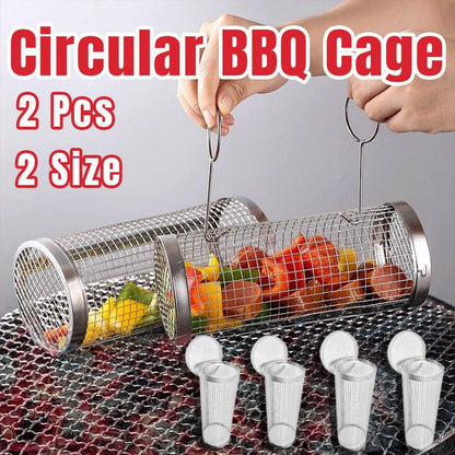 2pcs BBQ Basket Round Grill Cage Portable Rotating Net for Outdoor Cooking - Small