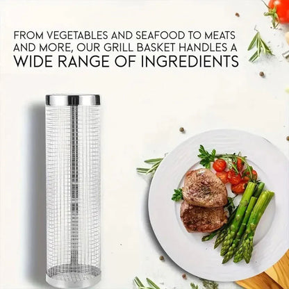 2pcs BBQ Basket Round Grill Cage Portable Rotating Net for Outdoor Cooking - Small