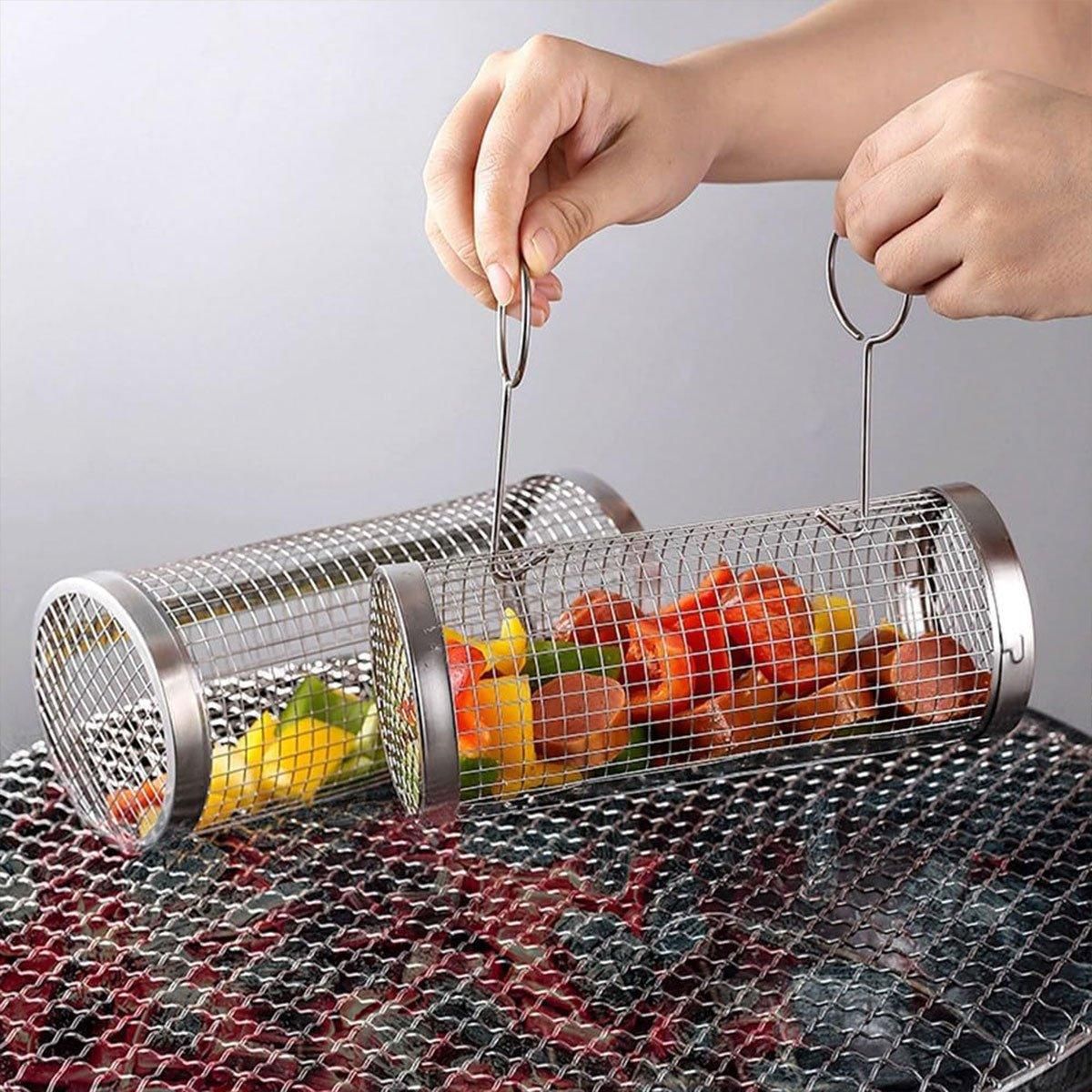 2pcs BBQ Basket Round Grill Cage Portable Rotating Net for Outdoor Cooking - Small