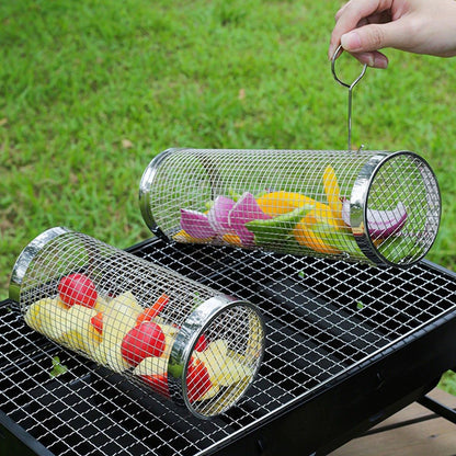 2pcs BBQ Basket Round Grill Cage Portable Rotating Net for Outdoor Cooking - Small