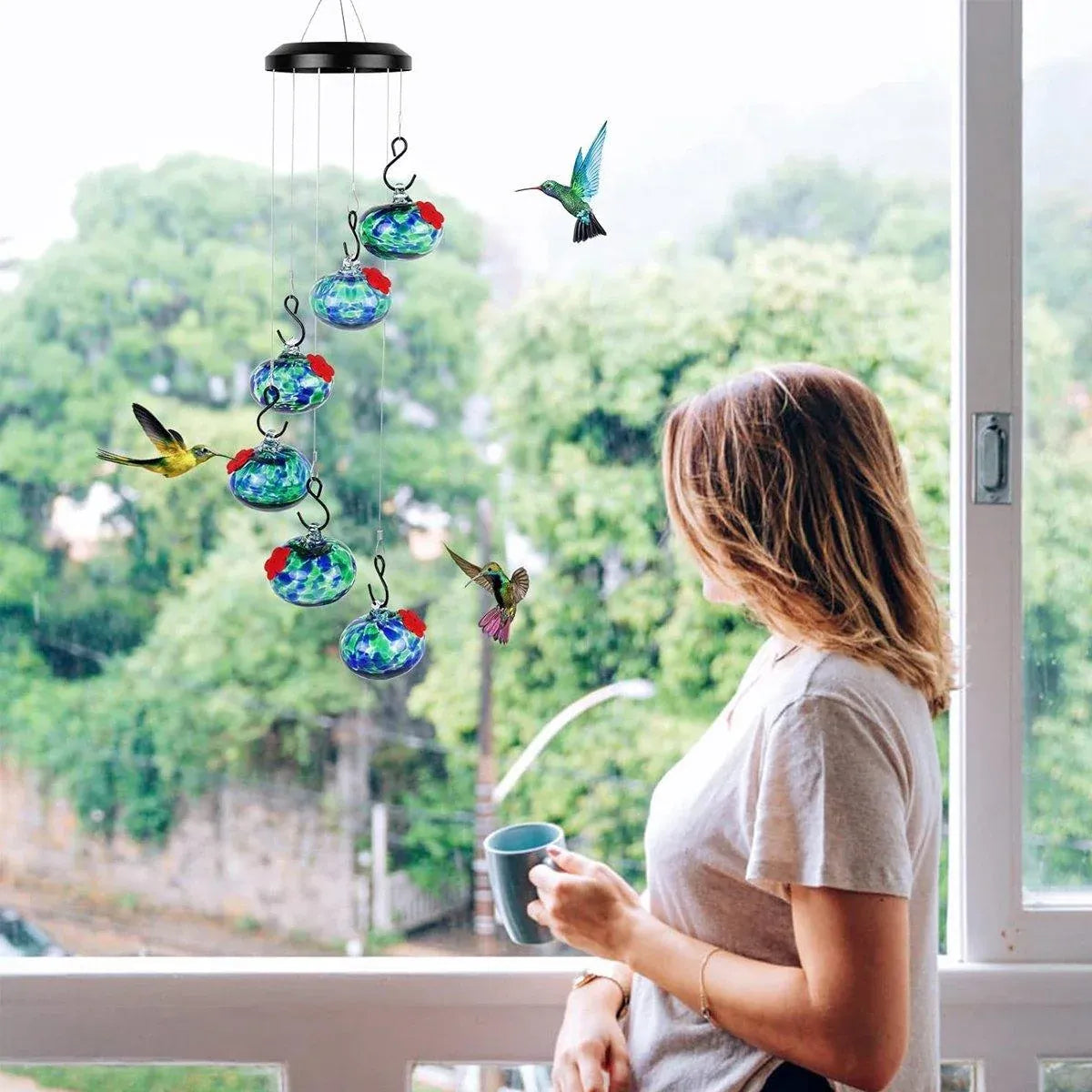 Hanging Hummingbird Feeder Outdoor Garden Nectar Dispenser Attracting Birds - Red Green