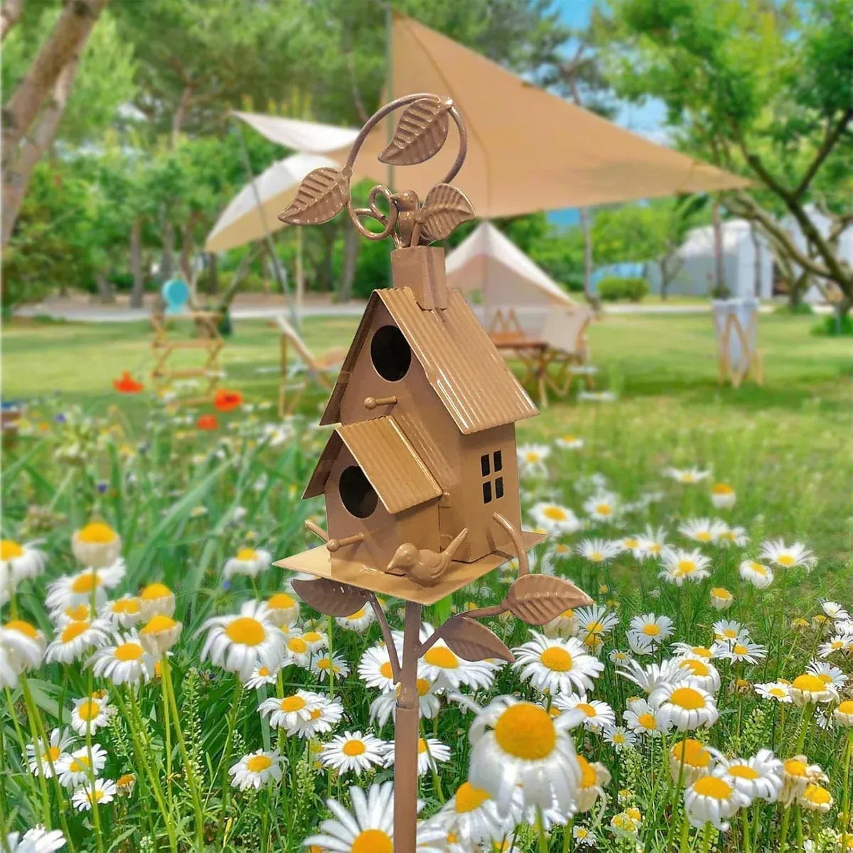 Birdhouse Garden Stakes Outdoor Yard Ornaments for Lawn and Garden Decoration - A