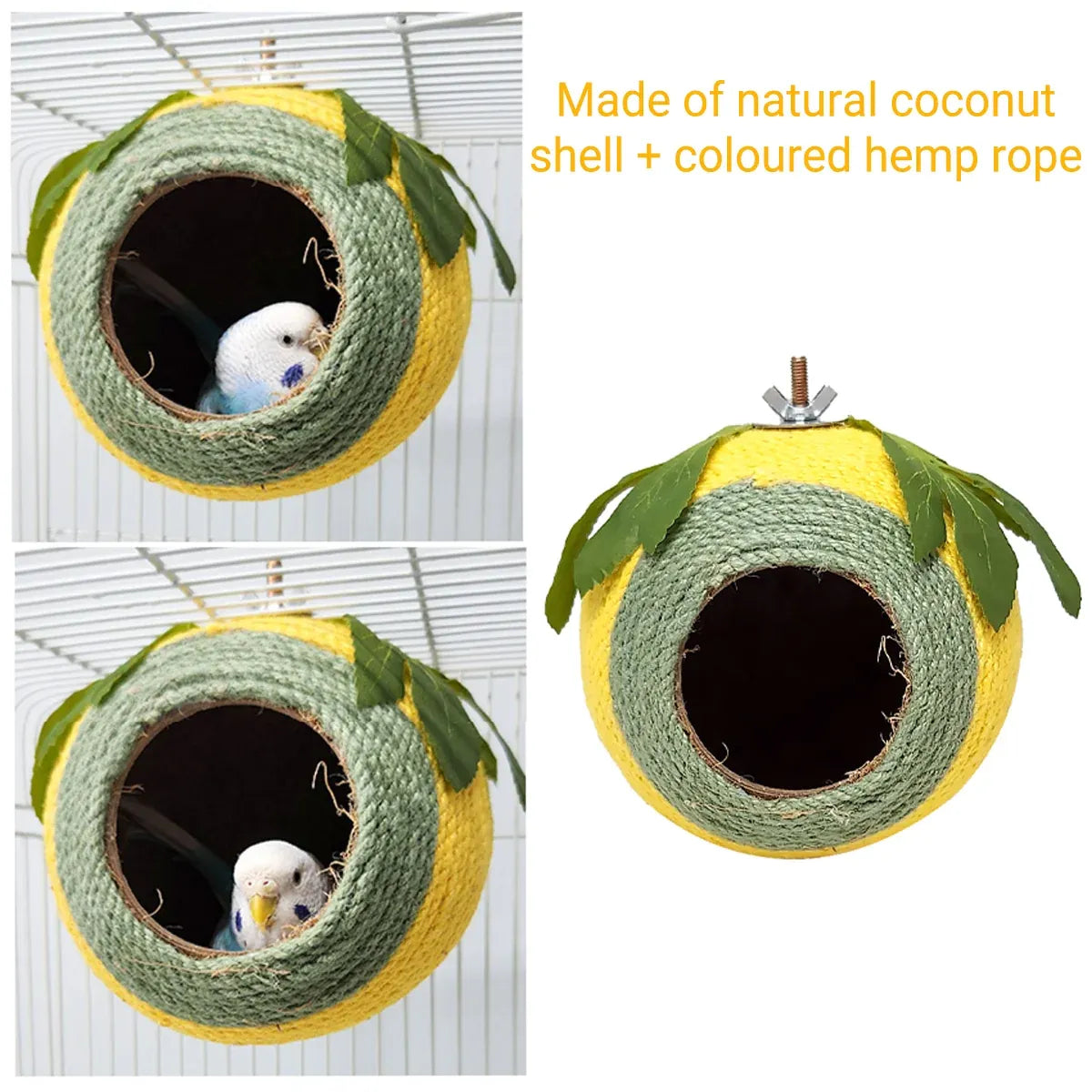 Bird Nest Parrot Nest Coconut Shell Braided Twine Colourful Cage Hanging Bed - White-Brown-Screw Model