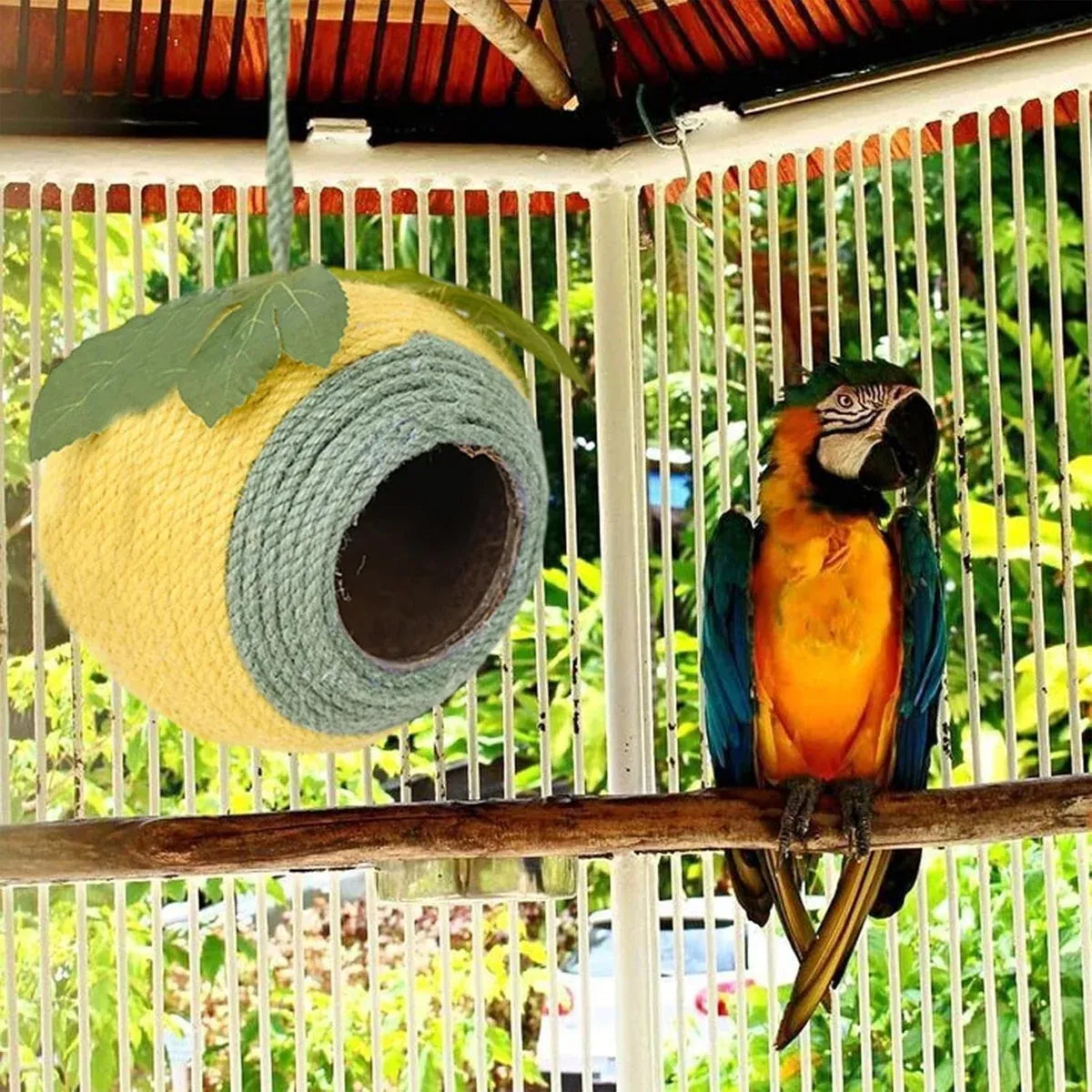 Bird Nest Parrot Nest Coconut Shell Braided Twine Colourful Cage Hanging Bed - White-Green-Screw Model