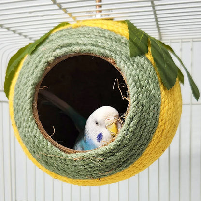 Bird Nest Parrot Nest Coconut Shell Braided Twine Colourful Cage Hanging Bed - Green-Yellow-Screw Model