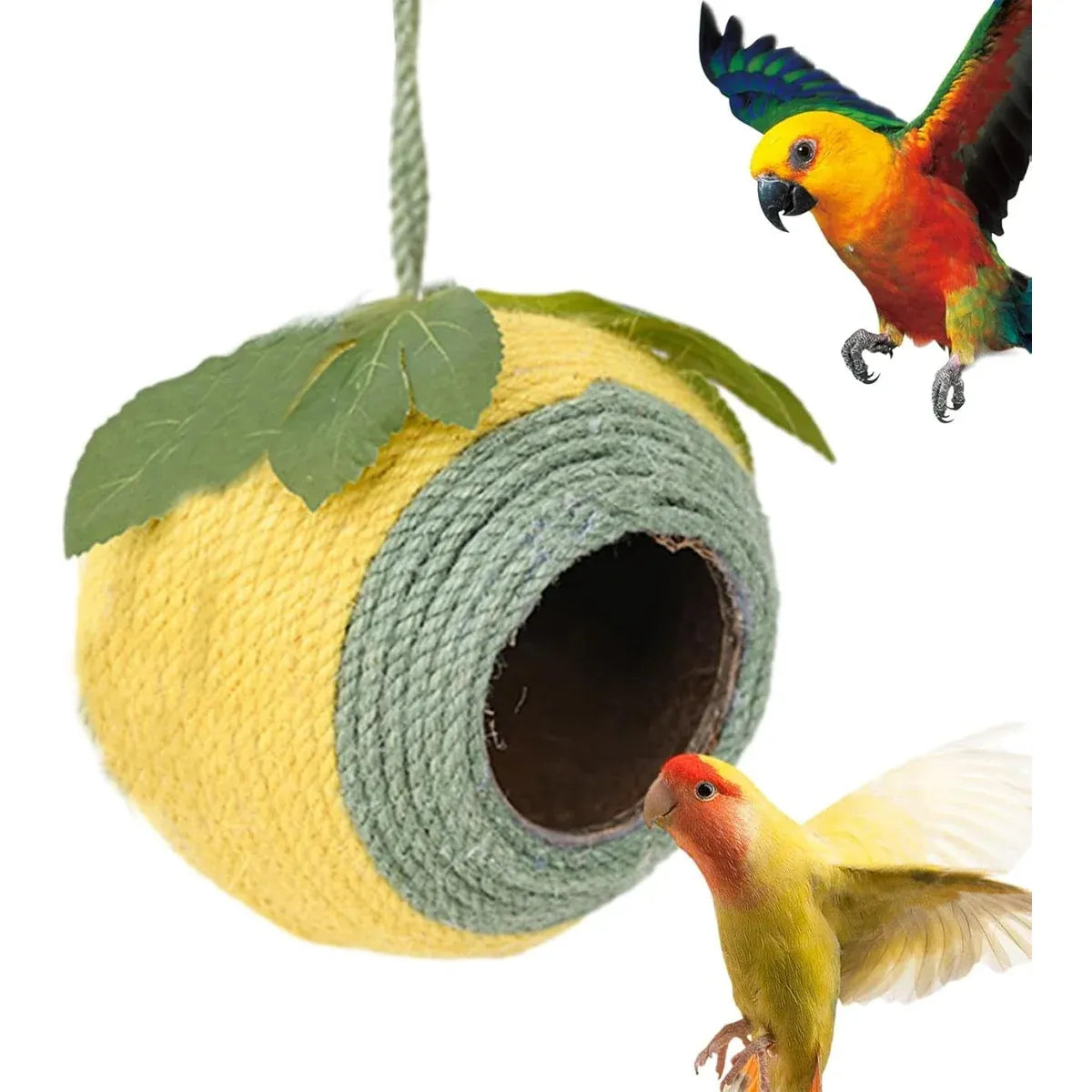 Bird Nest Parrot Nest Coconut Shell Braided Twine Colourful Cage Hanging Bed - Green-Yellow-Screw Model