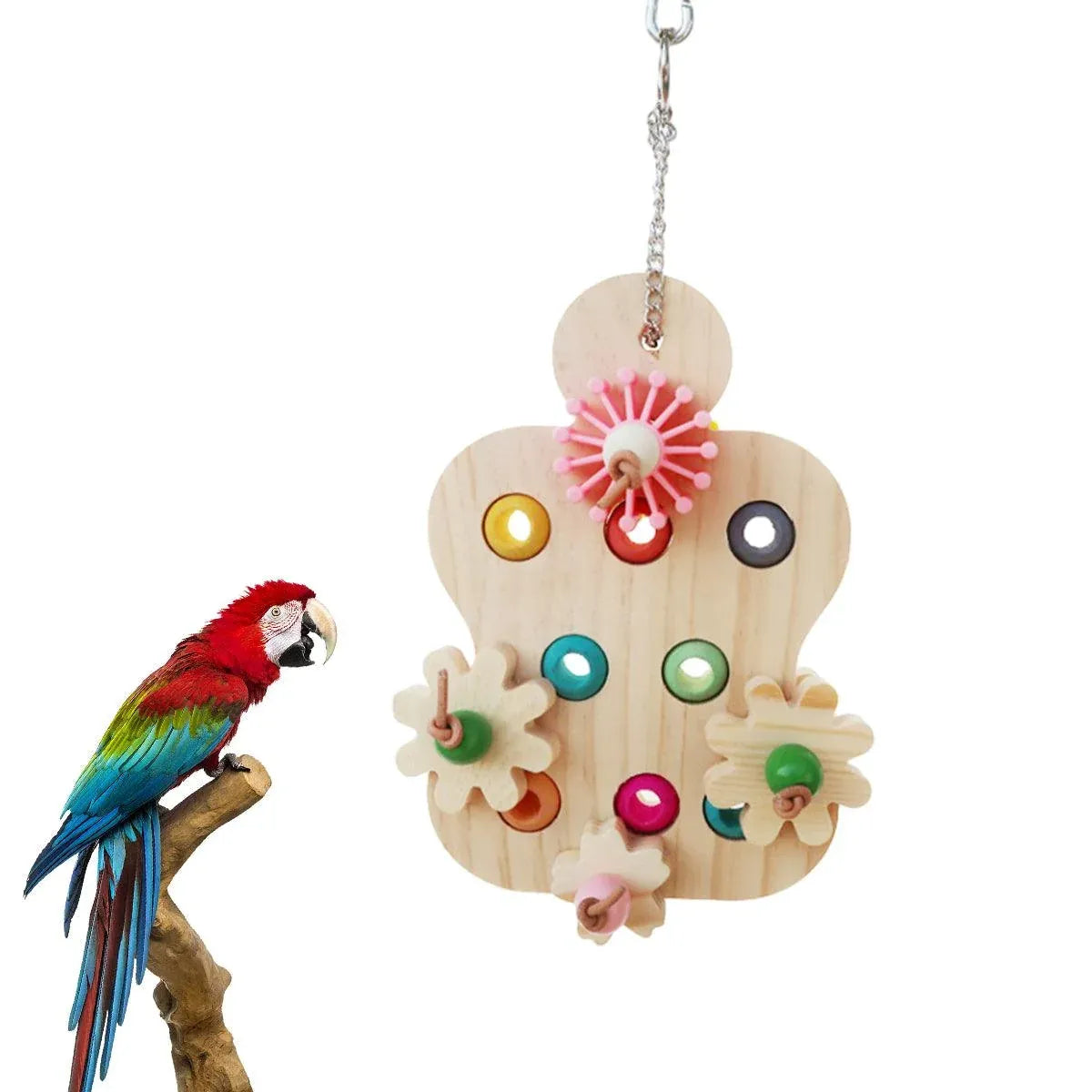 Wooden Parrot Toys Educational Interactive Chewing Nibbling Hanging Cage Toys