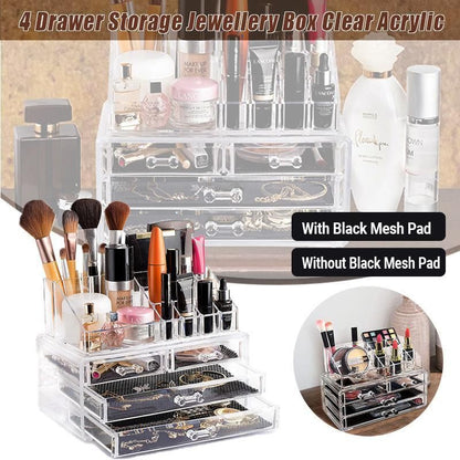 Holder Cosmetic Makeup Organiser 4 Drawer Storage Jewellery Box Clear Acrylic - With Black Mesh Pad
