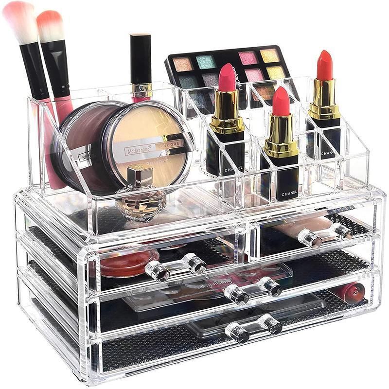 Holder Cosmetic Makeup Organiser 4 Drawer Storage Jewellery Box Clear Acrylic - With Black Mesh Pad