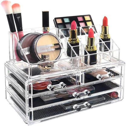 Holder Cosmetic Makeup Organiser 4 Drawer Storage Jewellery Box Clear Acrylic - With Black Mesh Pad