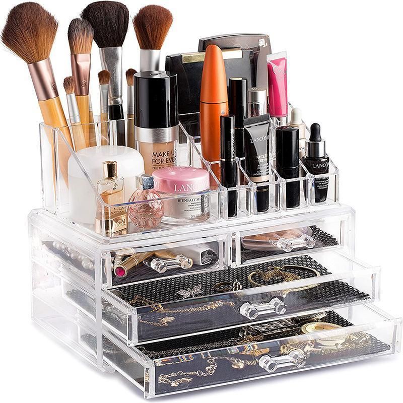 Holder Cosmetic Makeup Organiser 4 Drawer Storage Jewellery Box Clear Acrylic - With Black Mesh Pad
