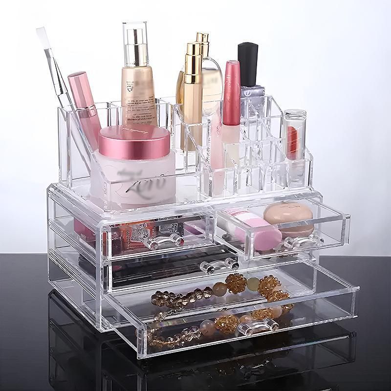 Holder Cosmetic Makeup Organiser 4 Drawer Storage Jewellery Box Clear Acrylic - With Black Mesh Pad