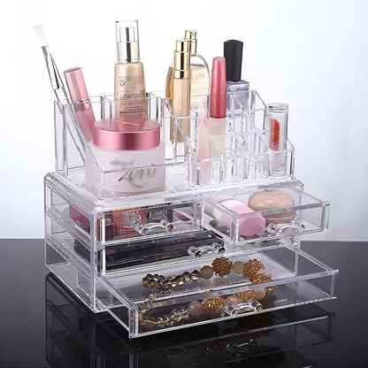 Holder Cosmetic Makeup Organiser 4 Drawer Storage Jewellery Box Clear Acrylic - With Black Mesh Pad