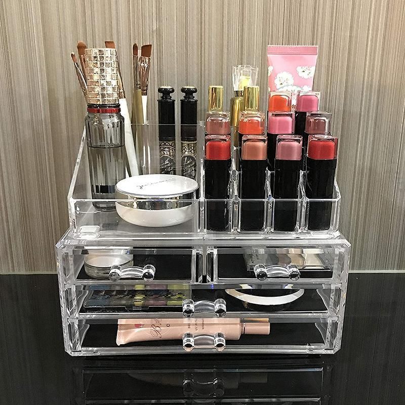 Holder Cosmetic Makeup Organiser 4 Drawer Storage Jewellery Box Clear Acrylic - With Black Mesh Pad