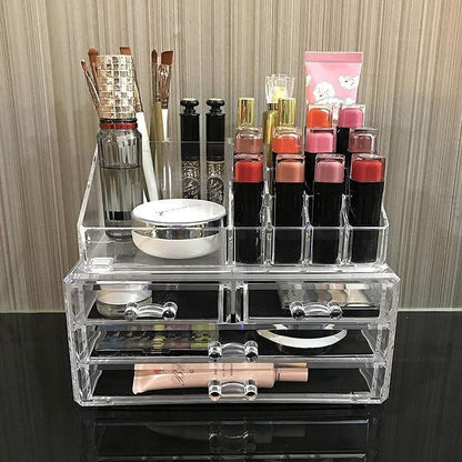 Holder Cosmetic Makeup Organiser 4 Drawer Storage Jewellery Box Clear Acrylic - With Black Mesh Pad