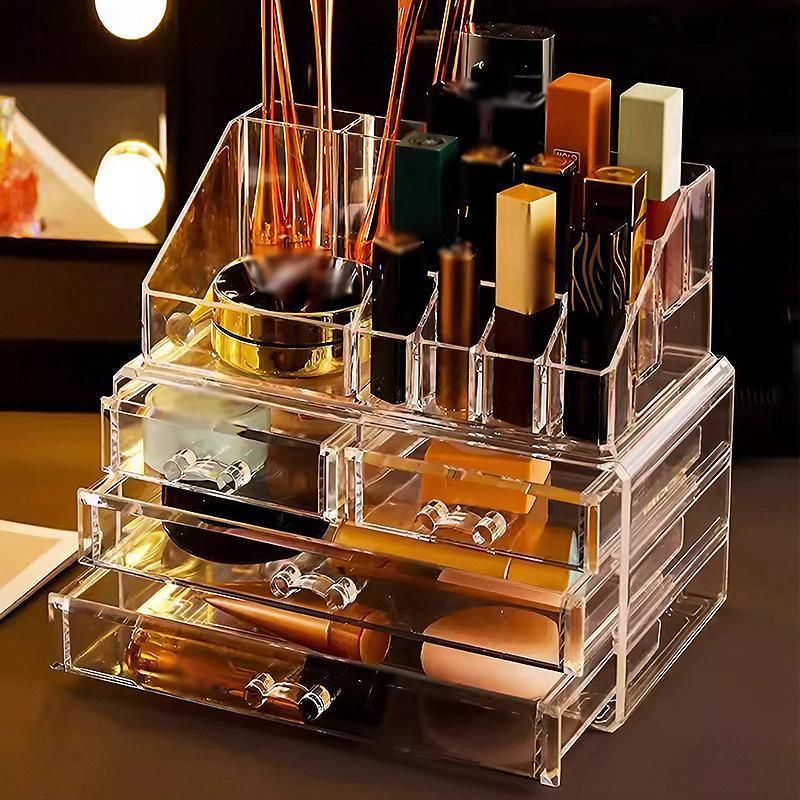 Holder Cosmetic Makeup Organiser 4 Drawer Storage Jewellery Box Clear Acrylic - With Black Mesh Pad
