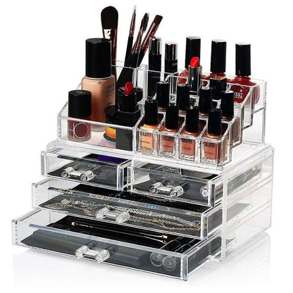 Holder Cosmetic Makeup Organiser 4 Drawer Storage Jewellery Box Clear Acrylic - With Black Mesh Pad