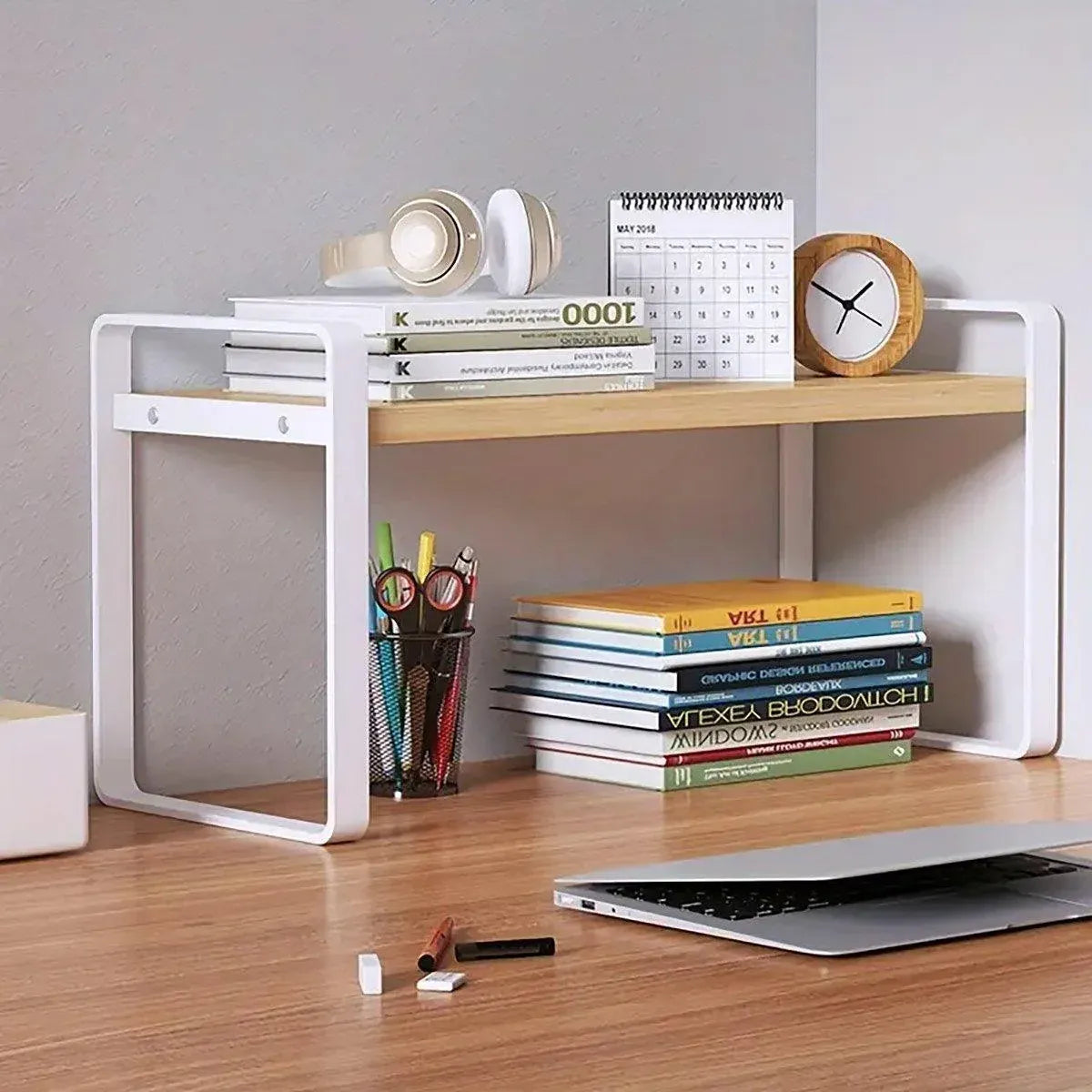 Adjustable Height Multi-Layer Desktop Bookshelf Home Office Floor Organizer Rack - 2 Shelves