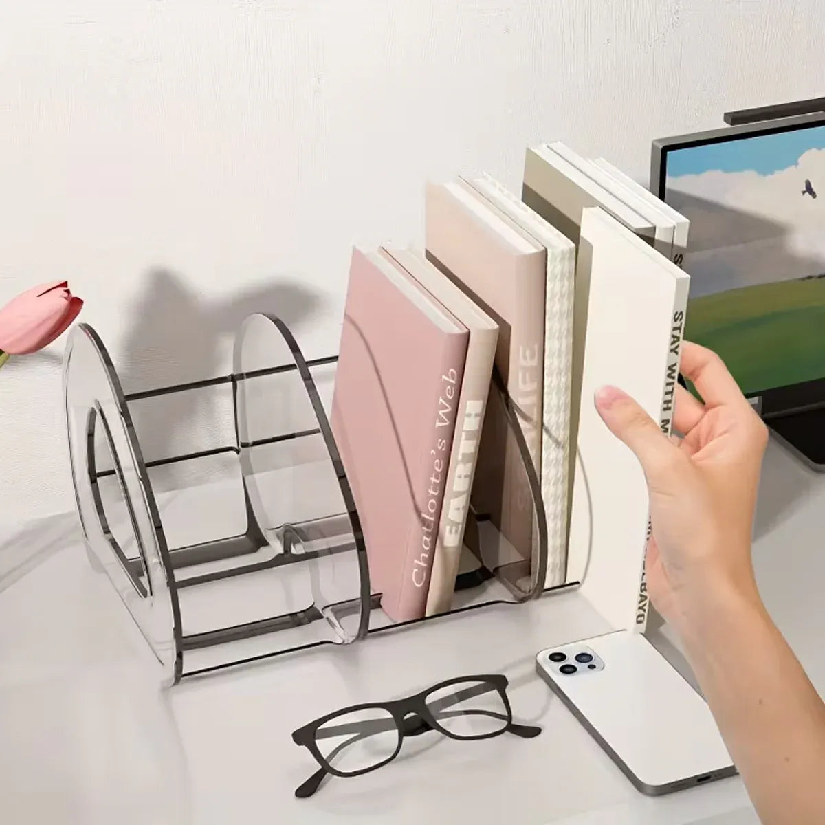 Desk Standing Divider Shelf Organizer Space Saving Office Study Storage Rack - Clear